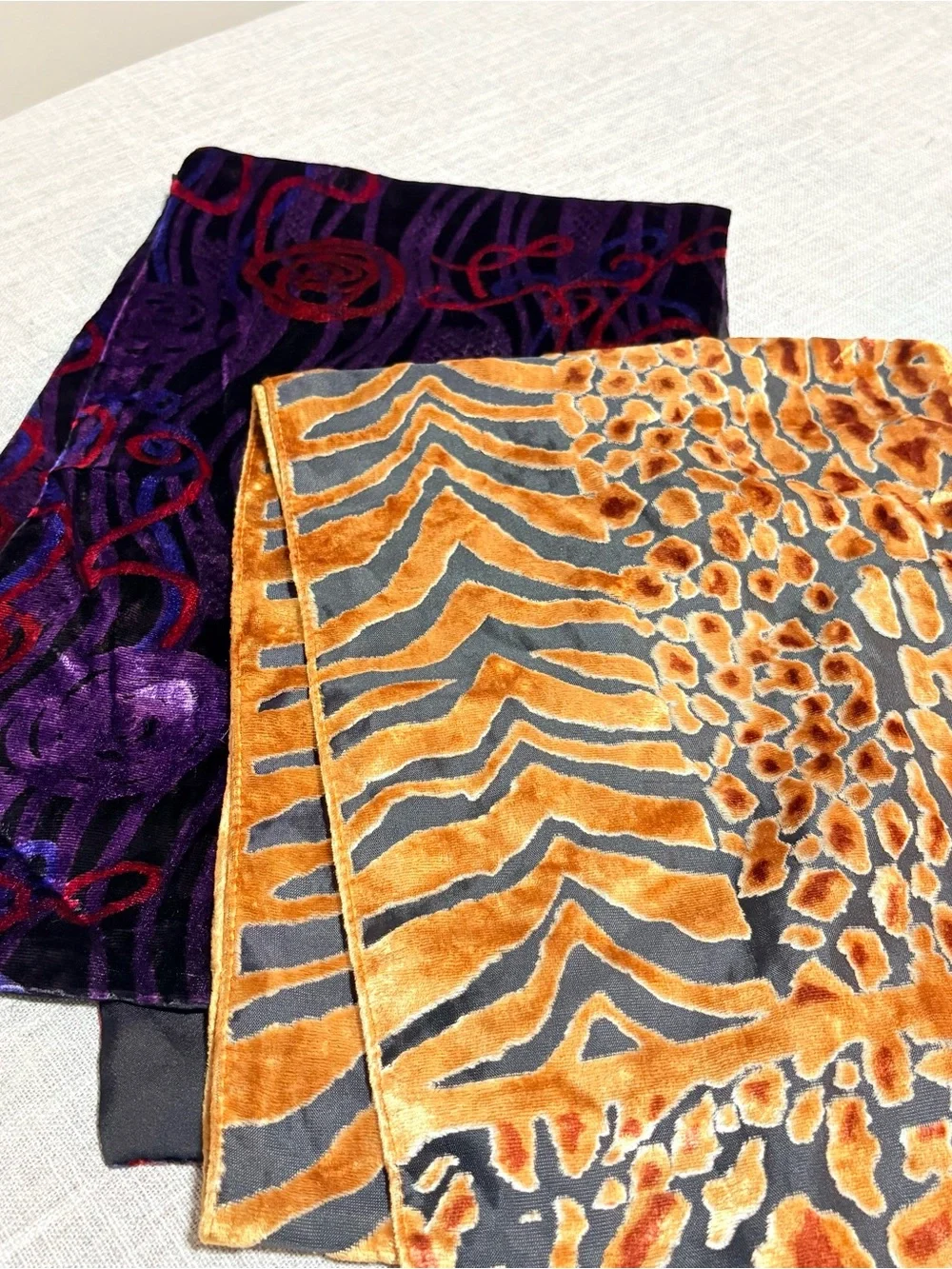 Two Velvet Long Women's Scarfs Purple & Black Abstract and Animal Print